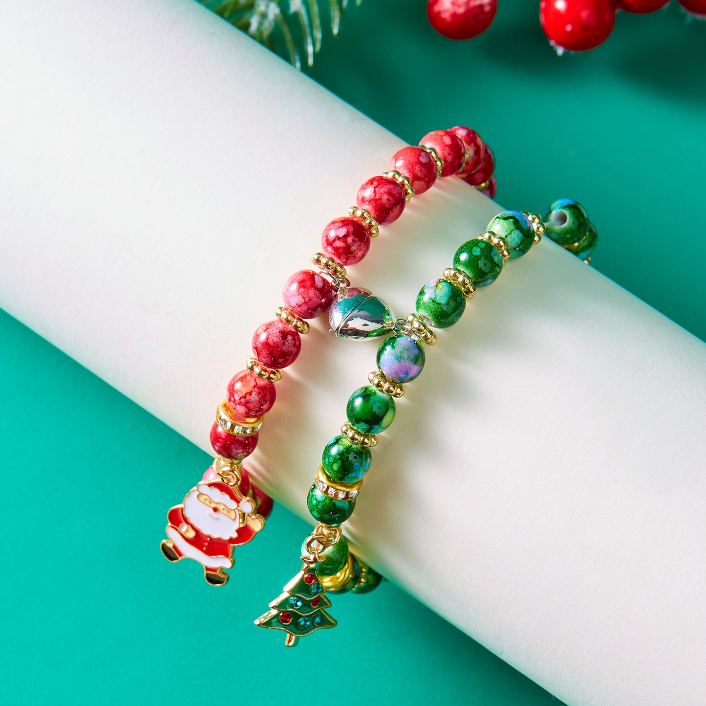 New Trend Christmas tree Santa Claus Couple Bracelets for Women Men heart magnetic Handmade Beaded Santa Claus Xmas Tree Bracelet Lovers Friendship Jewelry Gift