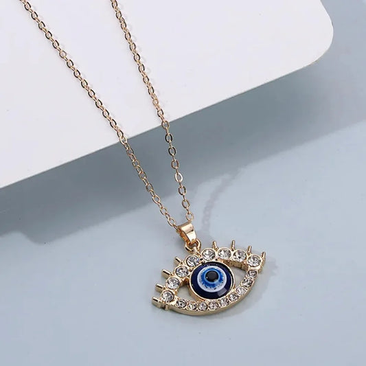 Temperament Hollow Out Turkish Blue Evil Eye Necklace Charm Gold Color Zircon Eyelash Pendant Stainless Steel Jewelry